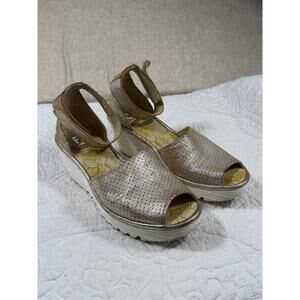 Fly London Women's 7 Gold Wedge Heeled Leather Sandal Comfort Casual Shoes